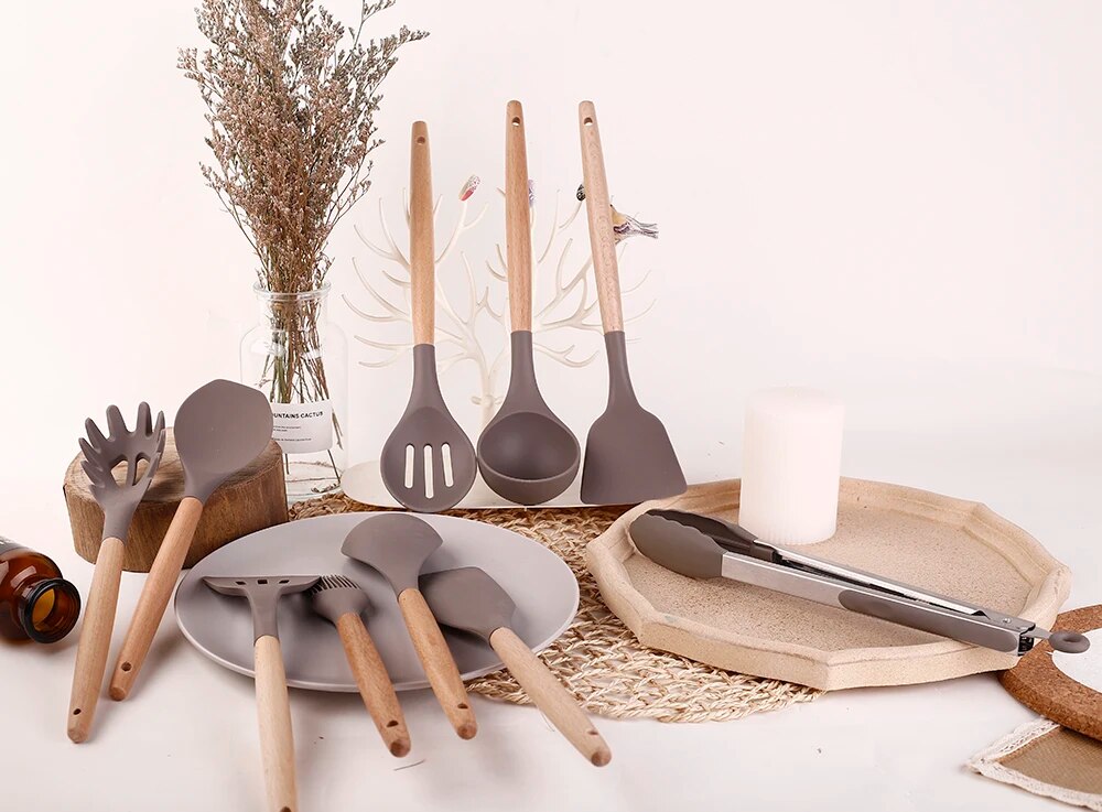 Anygleam Kitchen Utensils 7 Set Natural Beech Wooden Handle Cookware with Tong Tool Heat Resistant Non Stick Accessories-Spatula and Shovel-PEROZ Accessories