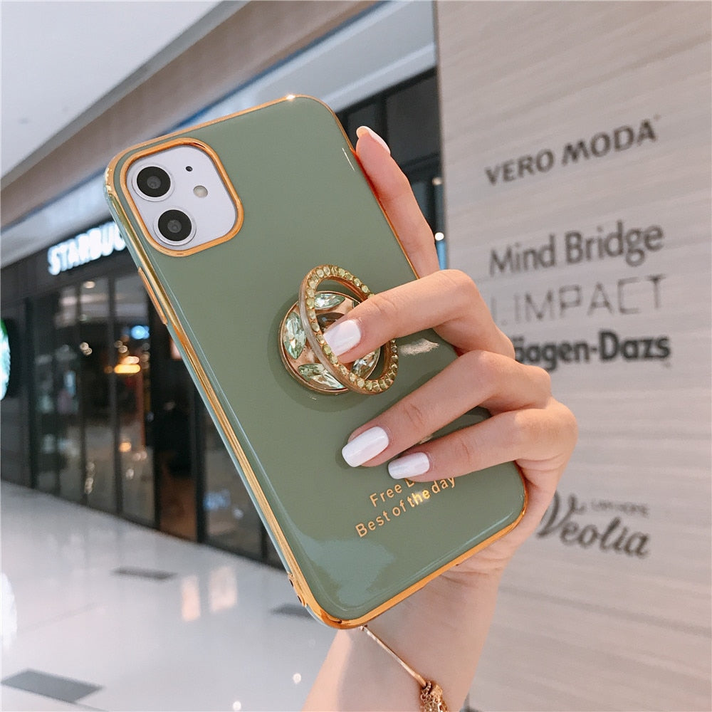 Anymob iPhoneGreen Diamond Plating Ring Holder Stand Case Silicon Back Cover-Mobile Phone Cases-PEROZ Accessories
