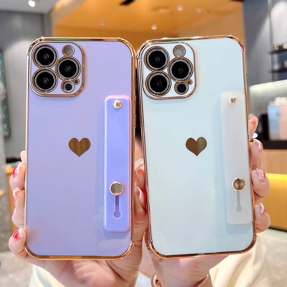 Anymob iPhone Case Sky Blue Square Holder Wristband Plating Heart Shockproof Protective Cover-Mobile Phone Cases-PEROZ Accessories