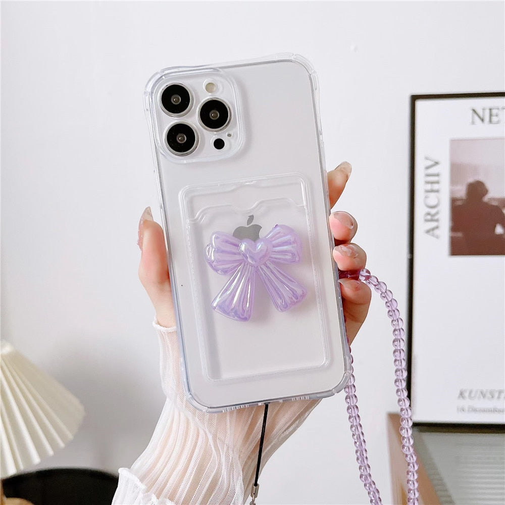 Anymob iPhone Case White Lovely Bowknot Card Bag Strap Cord Chain Necklace Lanyard Rope Cover-Mobile Phone Cases-PEROZ Accessories