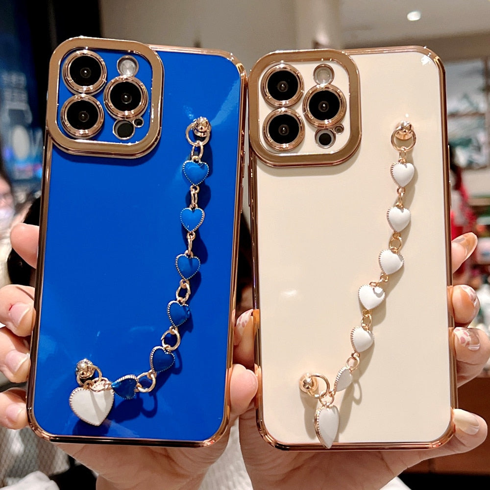 Anymob iPhone Case Blue Electroplated Heart Bracelet Camera Protection Chain Cover-Mobile Phone Cases-PEROZ Accessories