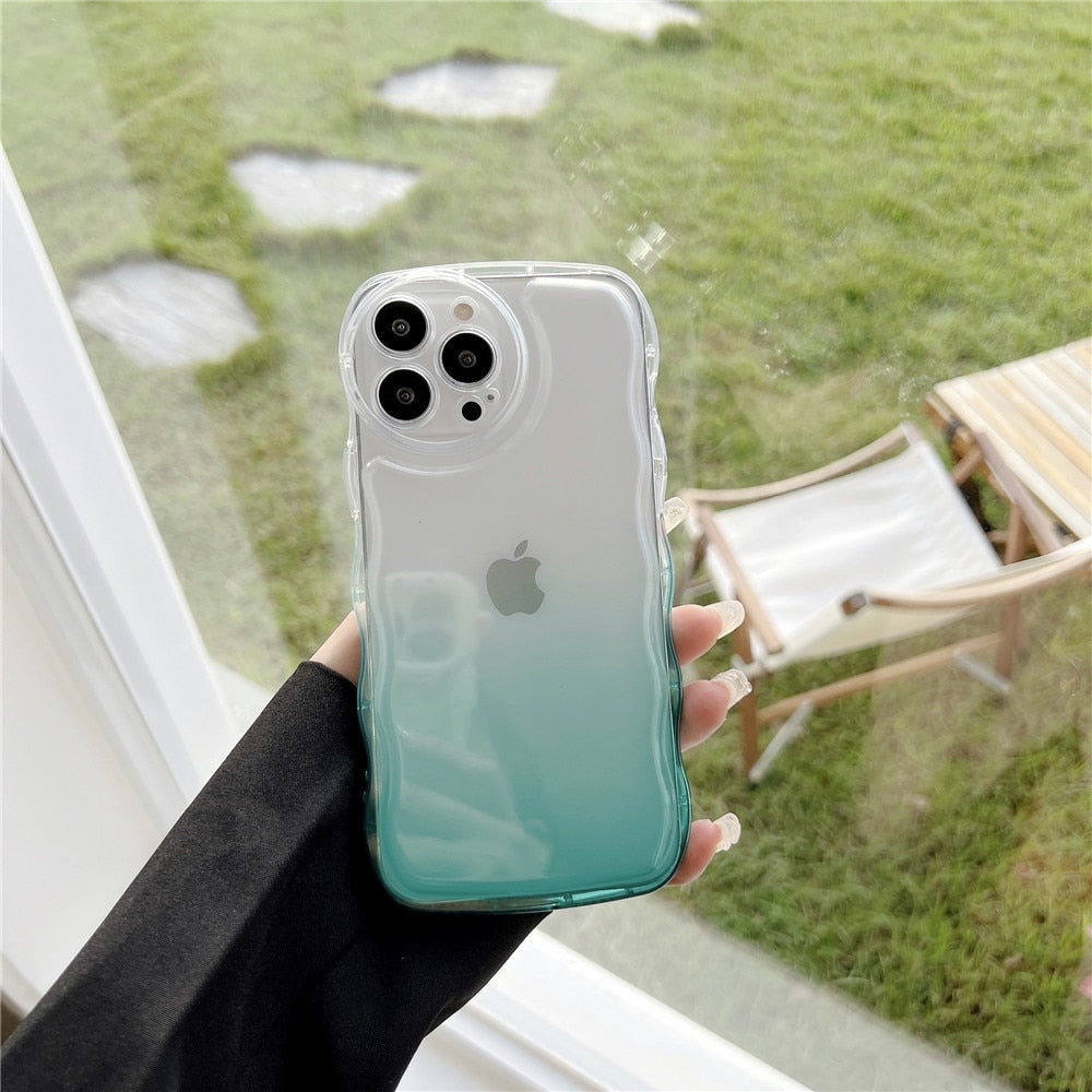 Anymob iPhone Light Blue Gradient Clear Curly Wave Phone Case Shockproof Transparent Cover-Mobile Phone Cases-PEROZ Accessories