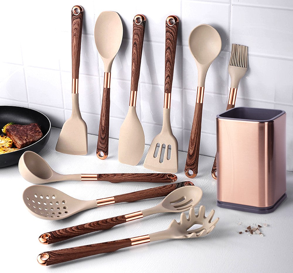 Anygleam Kitchen Utensils Non-stick Brown 6 Set Gold Plated Handle with Support Point Cooking Tool Accessories Heat Resistant Kitchenware-Spatula and Shovel-PEROZ Accessories