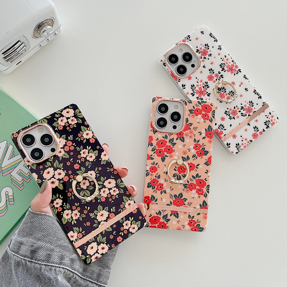 Anymob iPhone Case Pink Ring Holder Flowers Square Design Soft Silicon Stand Phone Cover-Mobile Phone Cases-PEROZ Accessories