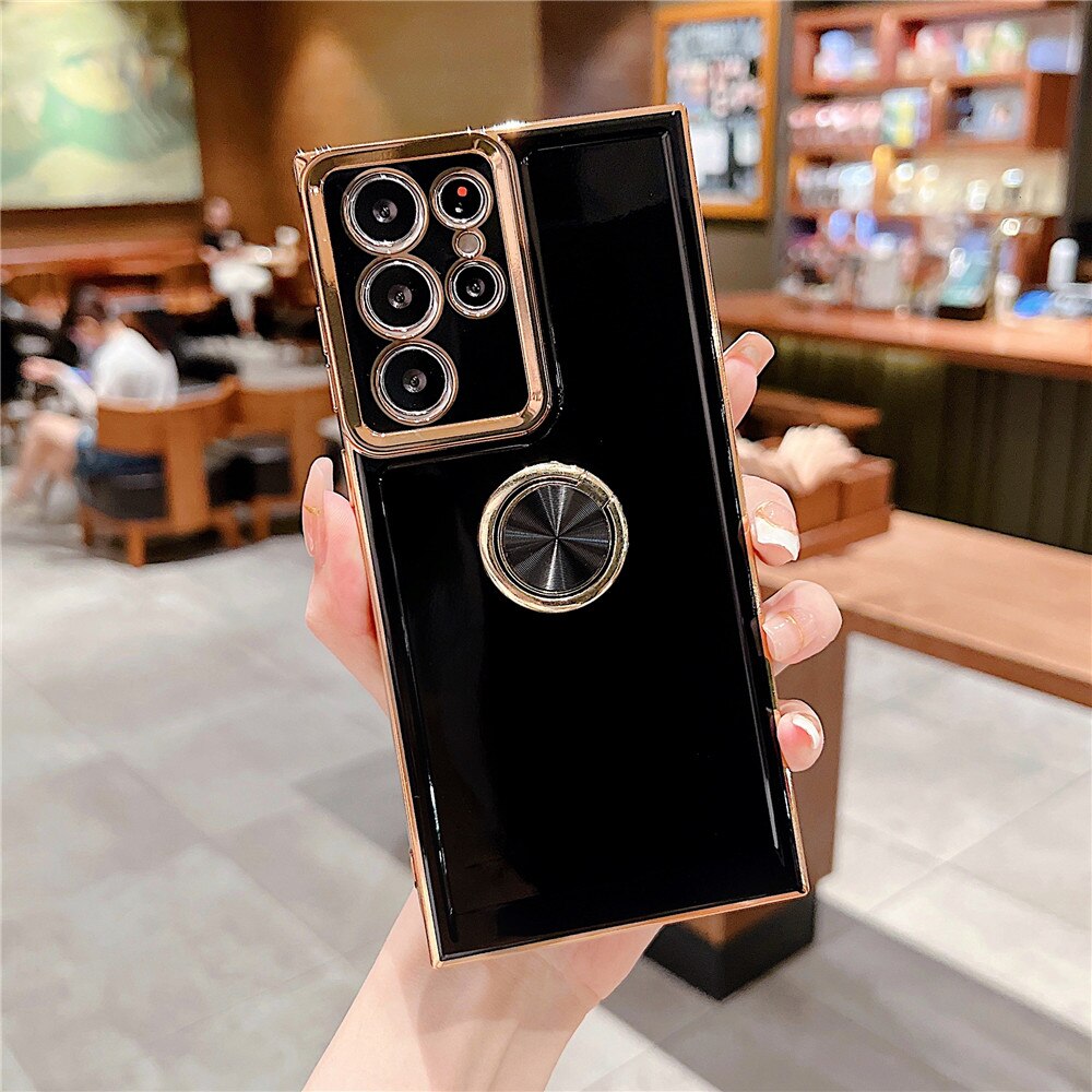 Anymob Samsung Black Case Luxury Plating Ring Holder Phone Case For Smartphones Shockproof Cases Silicon Stand Cover Compatible-Mobile Phone Cases-PEROZ Accessories