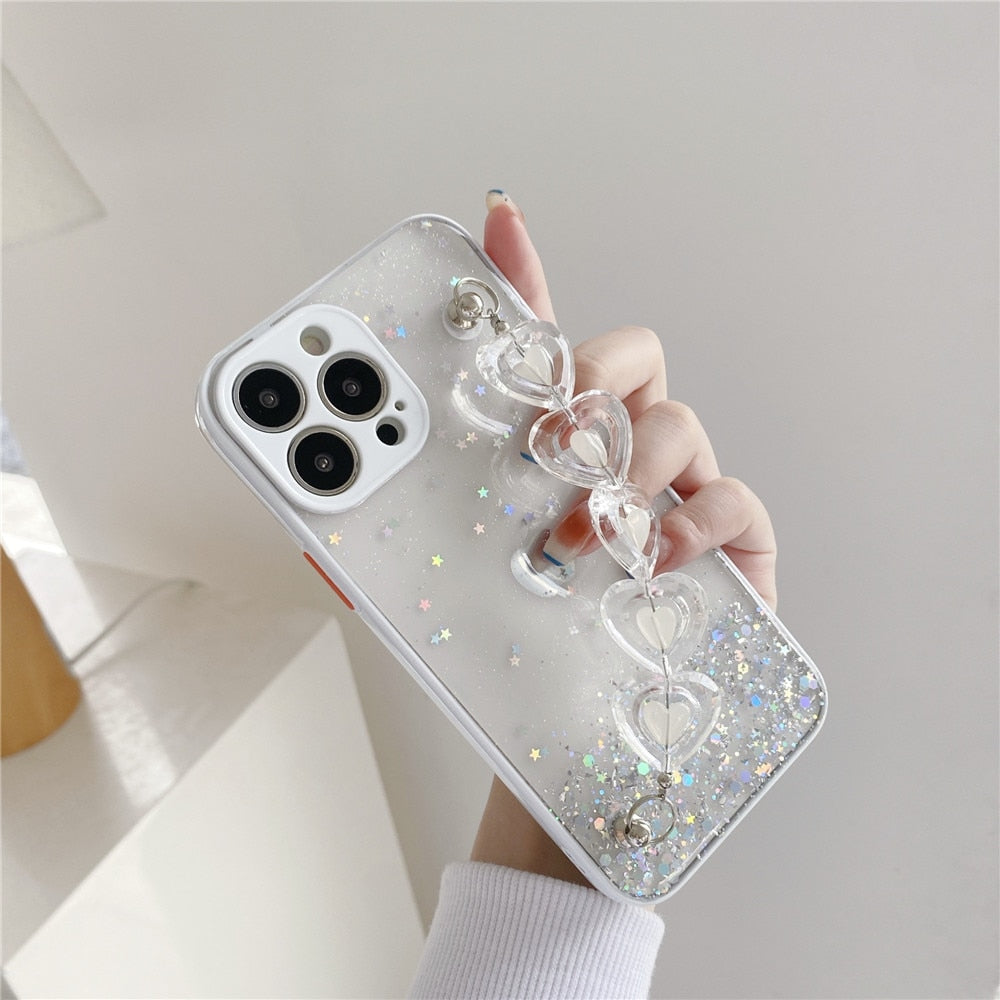Anymob iPhone Black Crystal Heart Bracelet Phone Chain Case Glitter Soft Cover-Mobile Phone Cases-PEROZ Accessories