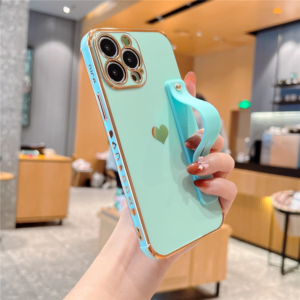 Anymob iPhone Case Black Square Holder Wristband Plating Heart Shockproof Protective Cover-Mobile Phone Cases-PEROZ Accessories