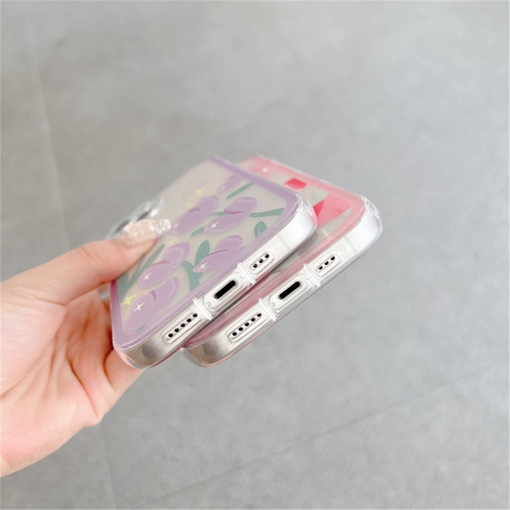 Anymob iPhone Case Purple Round Hole Camera Flowers Clear Soft Silicone Air Cushion Shockproof Cover-Mobile Phone Cases-PEROZ Accessories