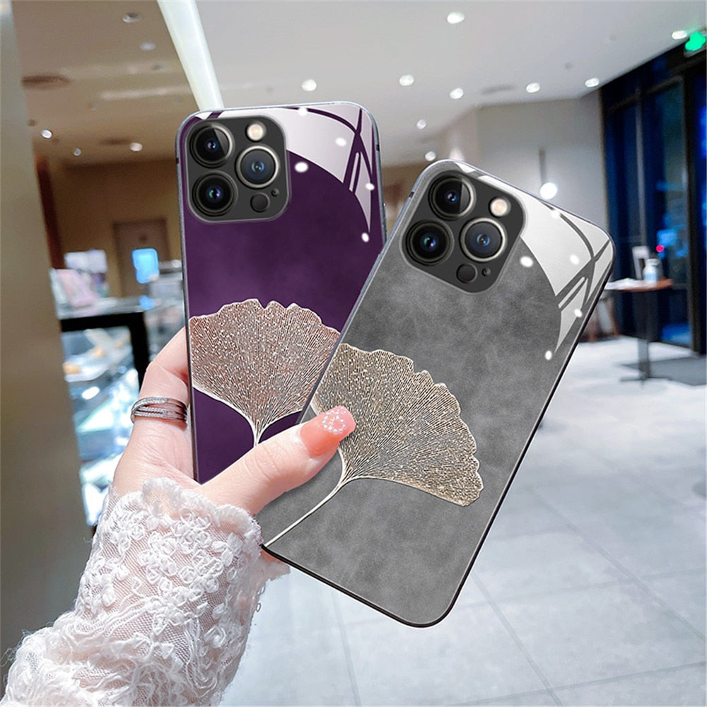 Anymob iPhone Case Black Vintage Leaves Tempered Glass Silicon Back Cover-Mobile Phone Cases-PEROZ Accessories