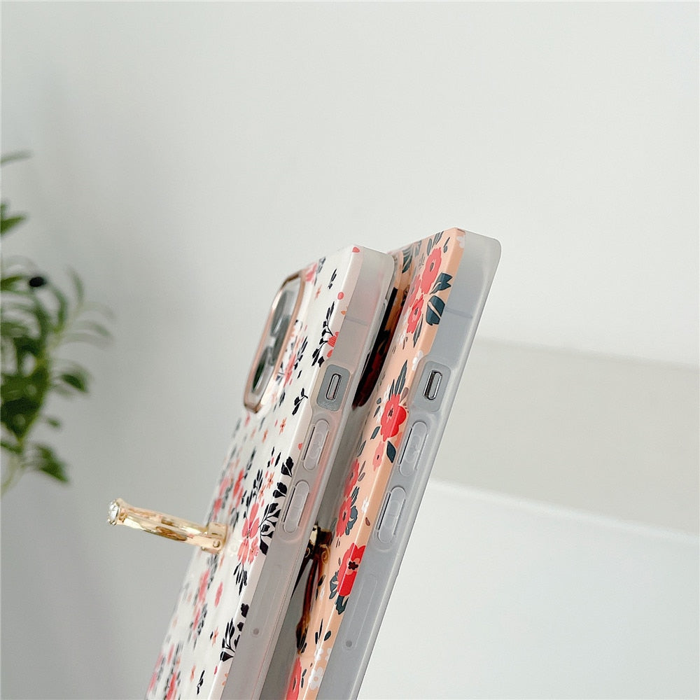Anymob iPhone Case Pink Ring Holder Flowers Square Design Soft Silicon Stand Phone Cover-Mobile Phone Cases-PEROZ Accessories