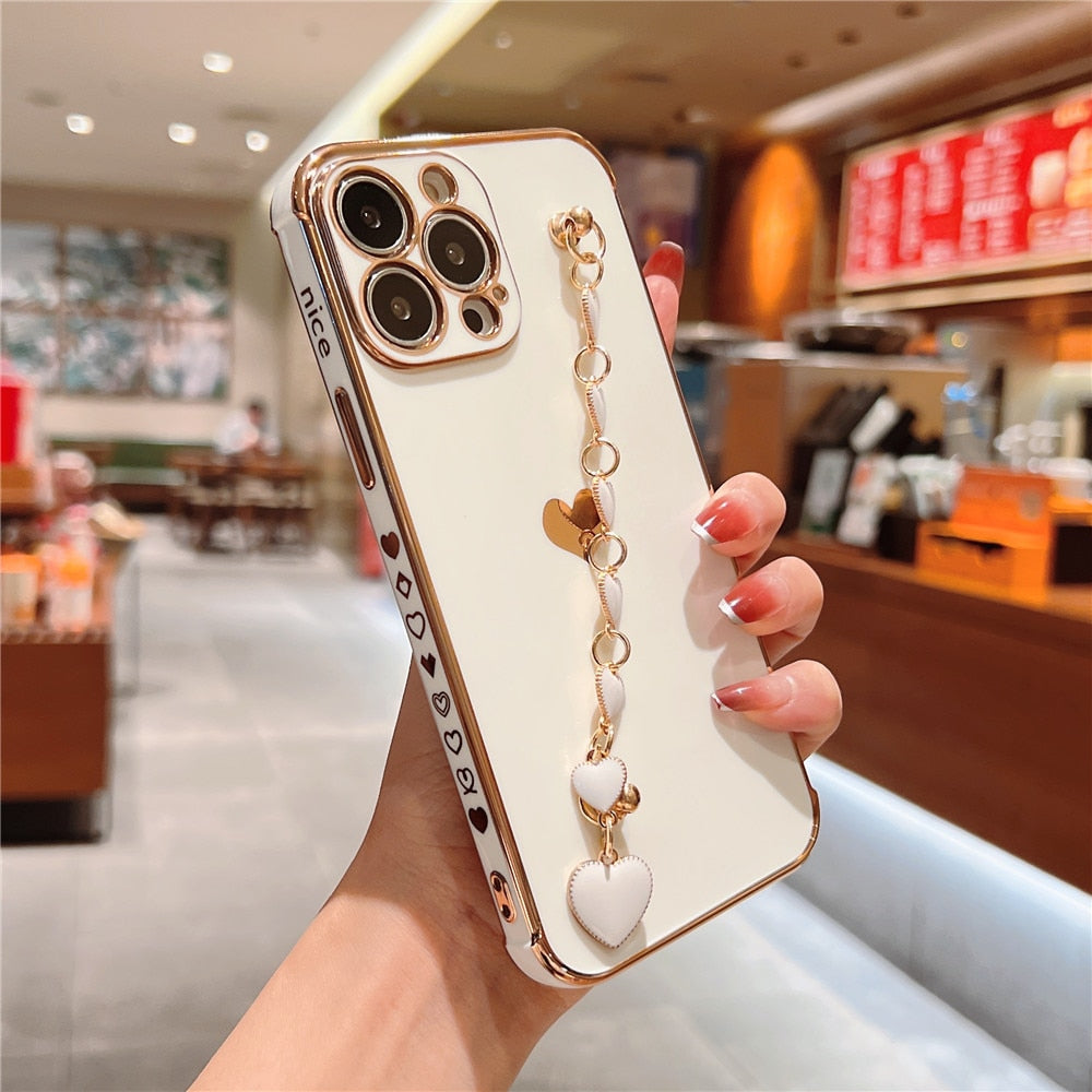 Anymob iPhone Case Mustard Love Heart Plating Bracelet Soft Silicon Protection Wrist Chain Phone Cover-Mobile Phone Cases-PEROZ Accessories