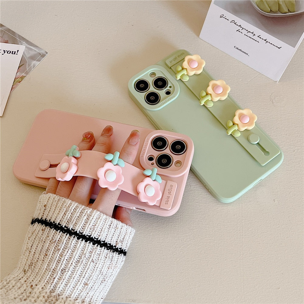 Anymob iPhone Case Pink Cute Flower Wrist Band Holder Stand Soft Silicone Phone Cover-Mobile Phone Cases-PEROZ Accessories