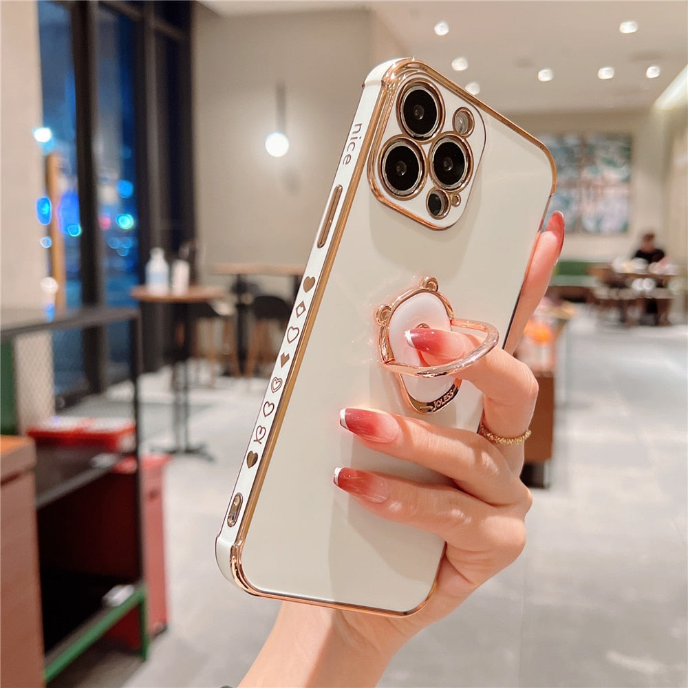 Anymob iPhone Case Black Plating Soft Silicone Bear Holder Side Heart Pattern Cover-Mobile Phone Cases-PEROZ Accessories