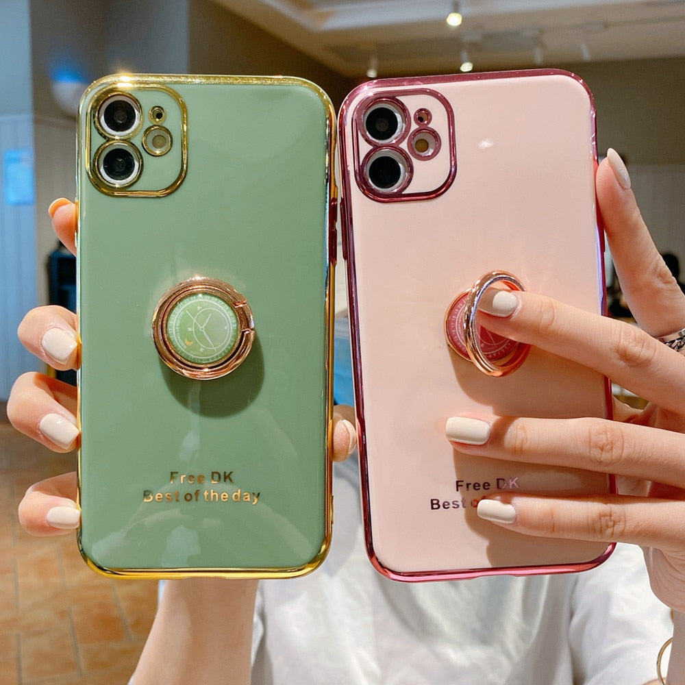 Anymob iPhone Case Pink Electroplating Ring Holder Soft Phone Cover Protection-Mobile Phone Cases-PEROZ Accessories