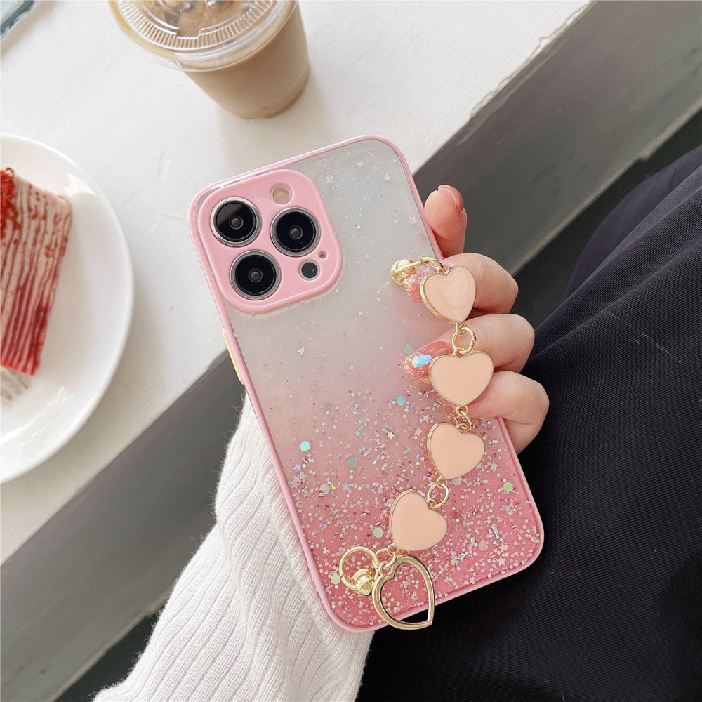 Anymob iPhone Case Pink Glitter Sequins Love Heart Bracelet Clear Soft Cover-Mobile Phone Cases-PEROZ Accessories