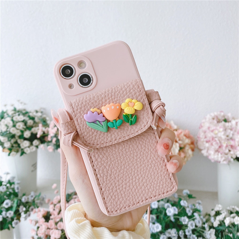 Anymob iPhone Black Crossbody Lanyard Rope Card Slot Holder Case Flowers Soft Silicone Cover-Mobile Phone Cases-PEROZ Accessories
