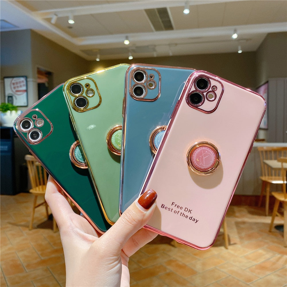 Anymob iPhone Case Pink Electroplating Ring Holder Soft Phone Cover Protection-Mobile Phone Cases-PEROZ Accessories