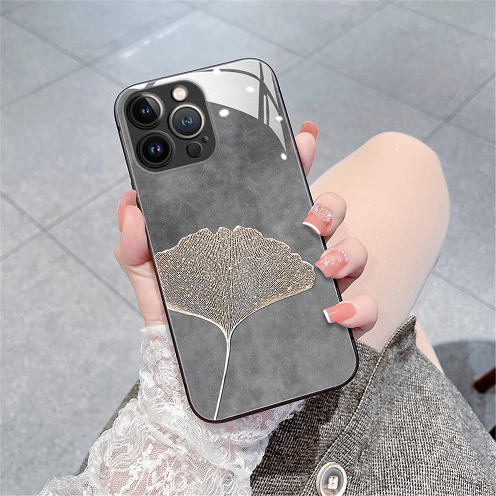 Anymob iPhone Case Black Vintage Leaves Tempered Glass Silicon Back Cover-Mobile Phone Cases-PEROZ Accessories