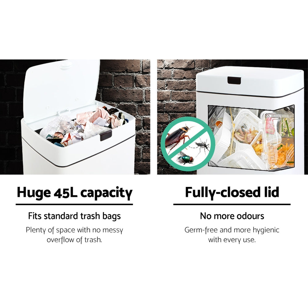 Devanti 45L Motion Sensor Bin Rubbish Automatic White-Home & Garden > Kitchen Bins-PEROZ Accessories