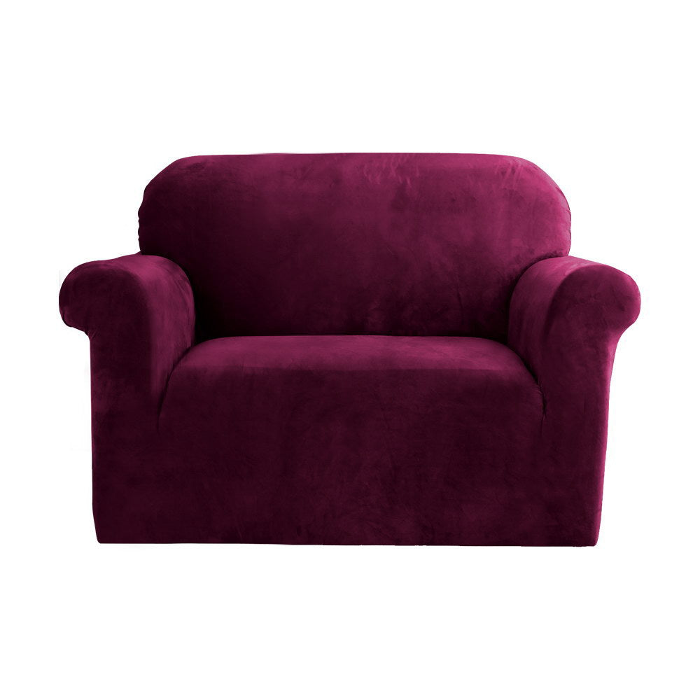 Artiss Velvet Sofa Cover Plush Couch Cover Lounge Slipcover 1 Seater Ruby Red-Furniture > Sofas - Peroz Australia - Image - 2