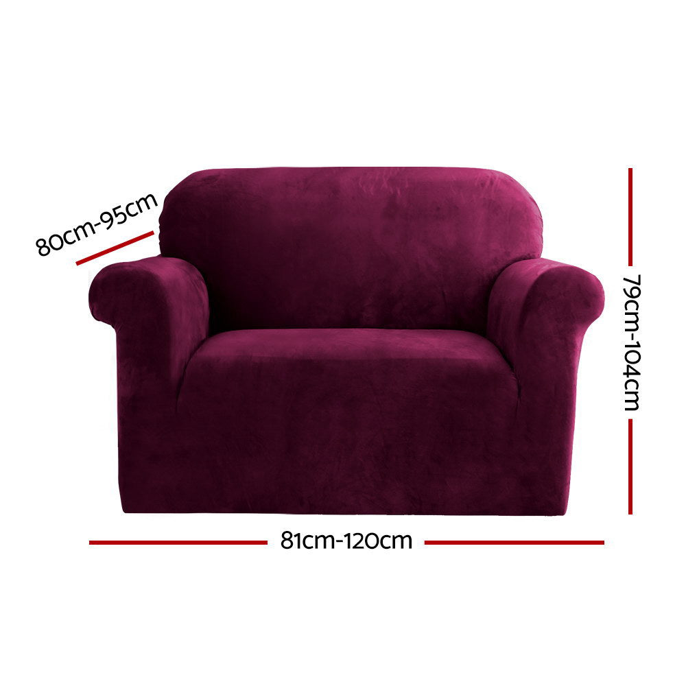 Artiss Velvet Sofa Cover Plush Couch Cover Lounge Slipcover 1 Seater Ruby Red-Furniture > Sofas - Peroz Australia - Image - 3