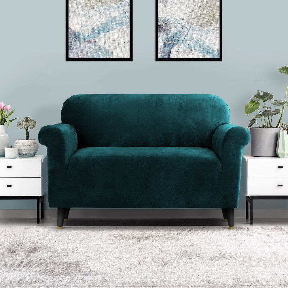 Artiss Velvet Sofa Cover Plush Couch Cover Lounge Slipcover 2 Seater Agate Green-Furniture > Sofas - Peroz Australia - Image - 1