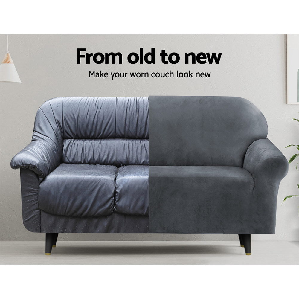 Artiss Velvet Sofa Cover Plush Couch Cover Lounge Slipcover 2 Seater Grey-Furniture > Sofas - Peroz Australia - Image - 5
