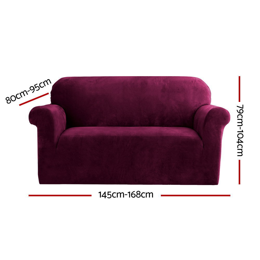 Artiss Velvet Sofa Cover Plush Couch Cover Lounge Slipcover 2 Seater Ruby Red-Furniture > Sofas - Peroz Australia - Image - 2