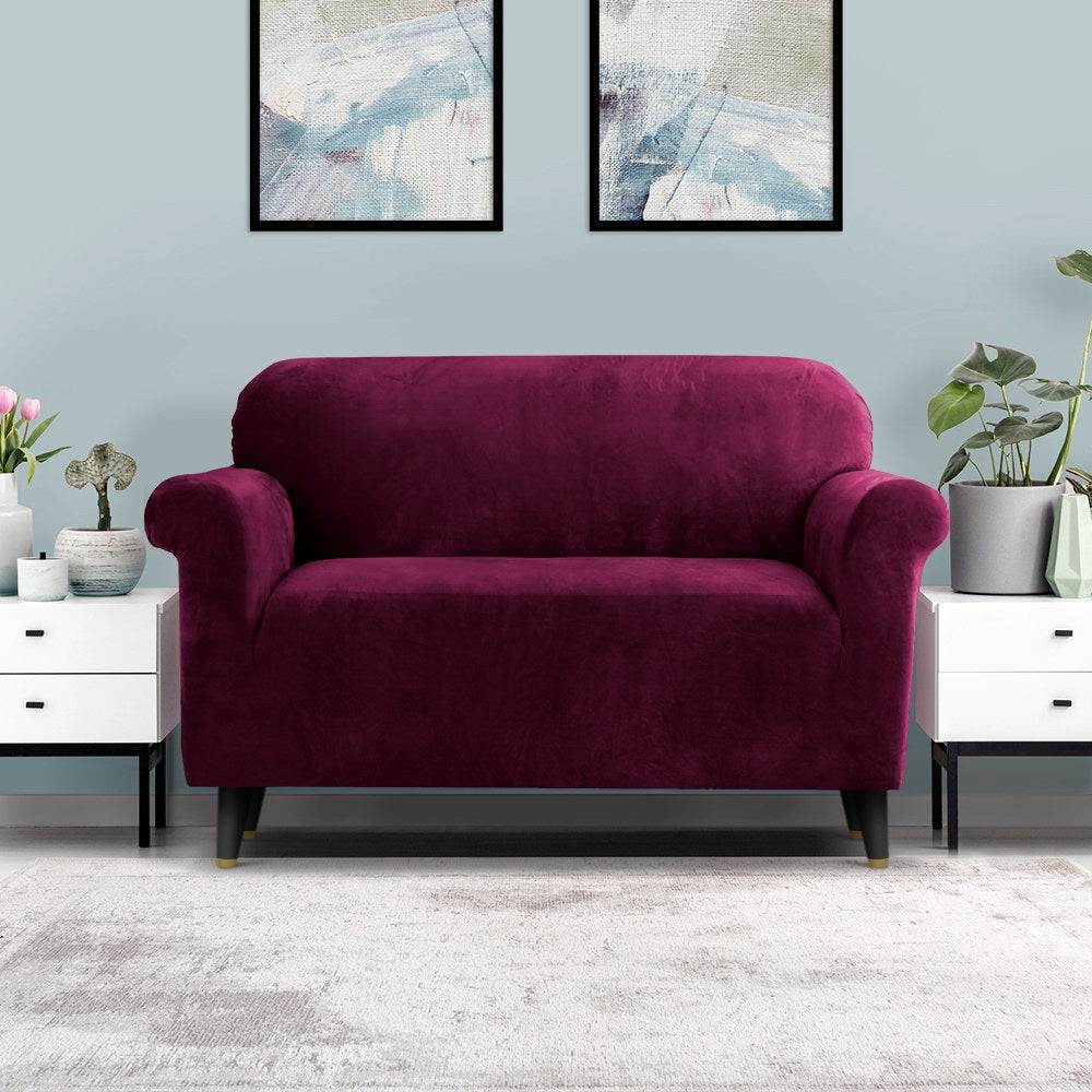 Artiss Velvet Sofa Cover Plush Couch Cover Lounge Slipcover 2 Seater Ruby Red-Furniture > Sofas - Peroz Australia - Image - 8