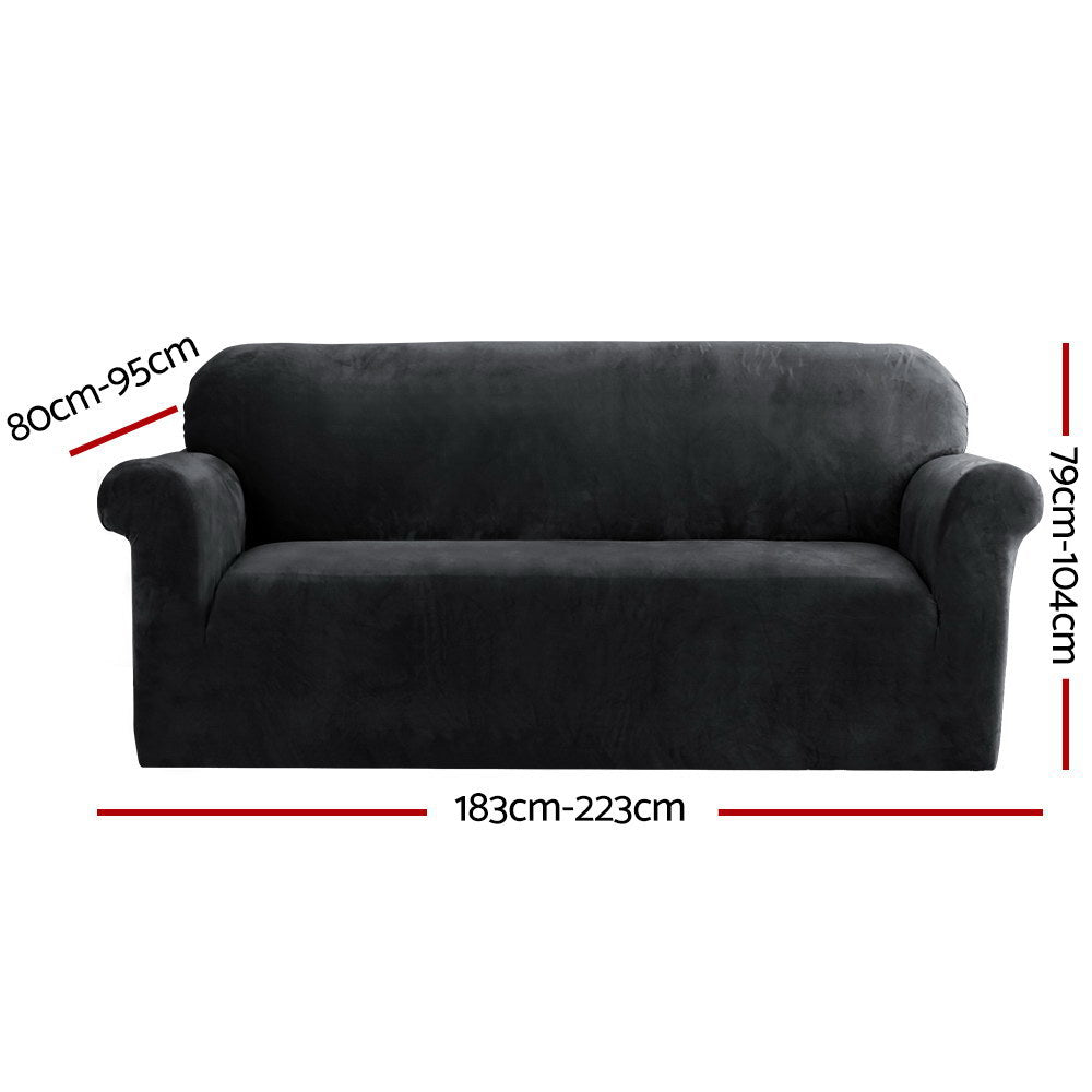 Artiss Velvet Sofa Cover Plush Couch Cover Lounge Slipcover 3 Seater Black-Furniture > Sofas - Peroz Australia - Image - 2
