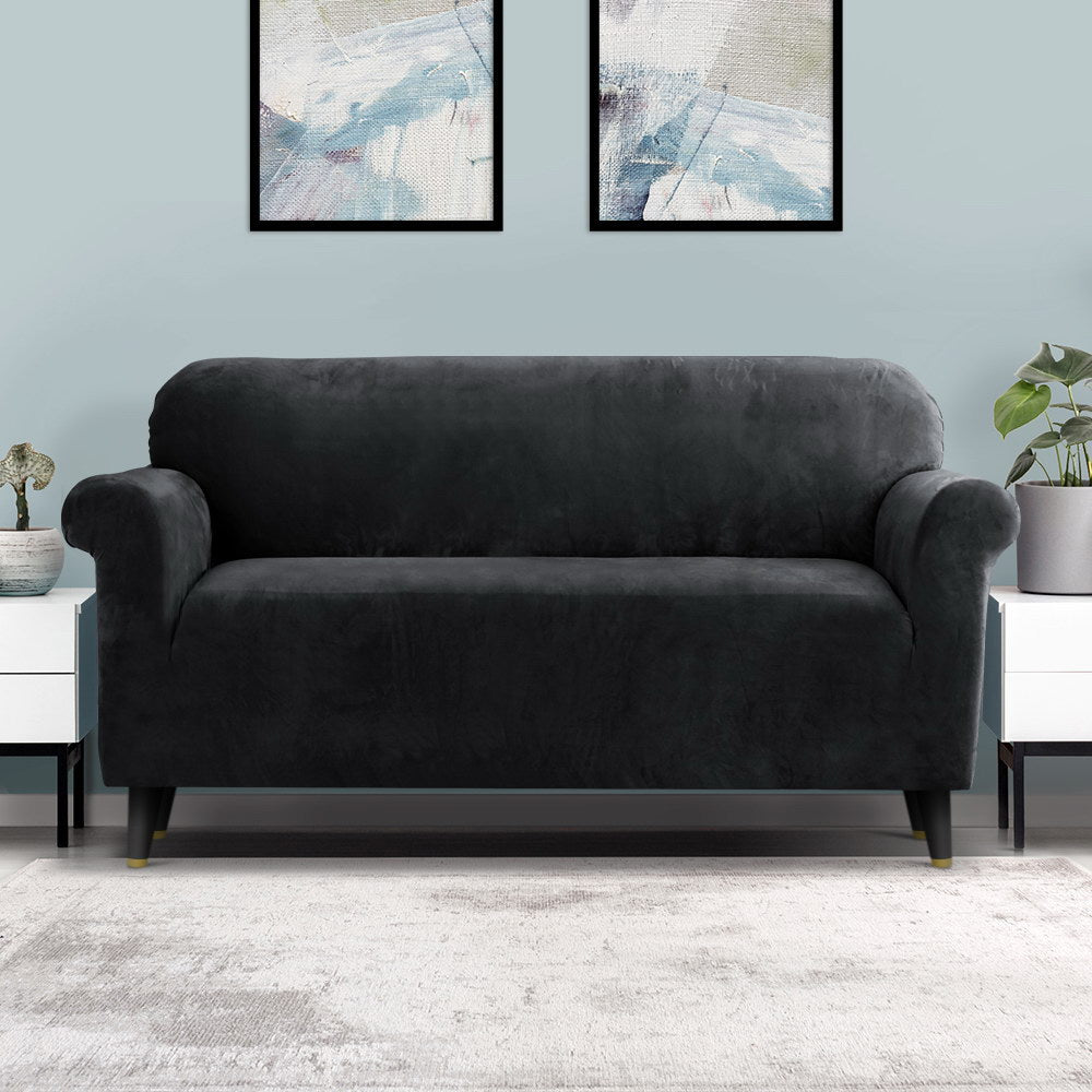 Artiss Velvet Sofa Cover Plush Couch Cover Lounge Slipcover 3 Seater Black-Furniture > Sofas - Peroz Australia - Image - 8