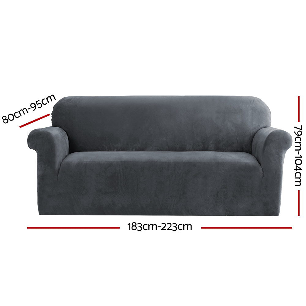 Artiss Velvet Sofa Cover Plush Couch Cover Lounge Slipcover 3 Seater Grey-Furniture > Sofas - Peroz Australia - Image - 3
