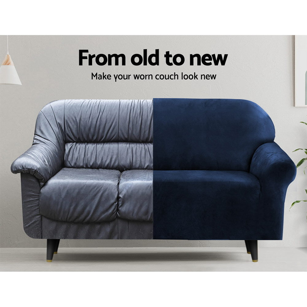 Artiss Velvet Sofa Cover Plush Couch Cover Lounge Slipcover 3 Seater Sapphire-Furniture > Sofas - Peroz Australia - Image - 5