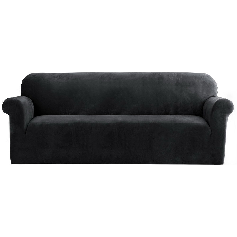 Artiss Velvet Sofa Cover Plush Couch Cover Lounge Slipcover 4 Seater Black-Furniture > Sofas - Peroz Australia - Image - 2