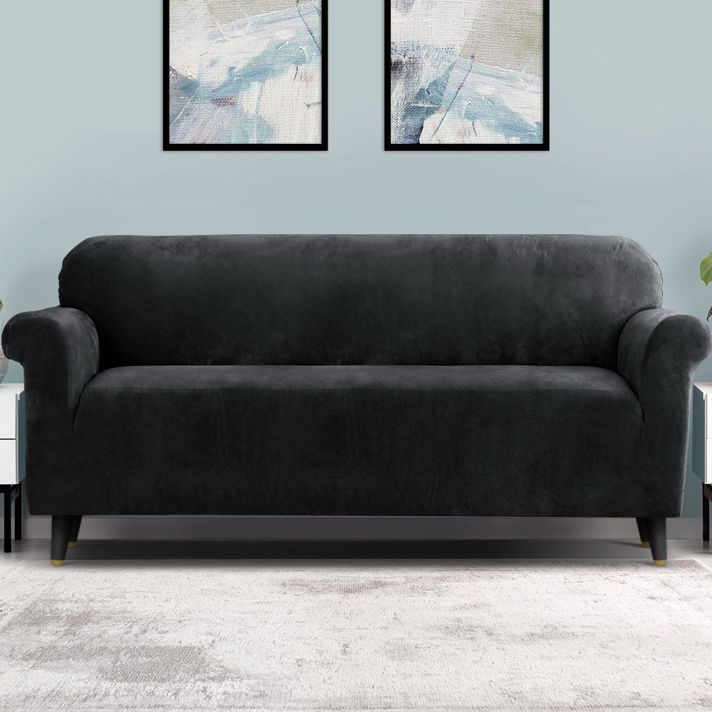 Artiss Velvet Sofa Cover Plush Couch Cover Lounge Slipcover 4 Seater Black-Furniture > Sofas - Peroz Australia - Image - 1