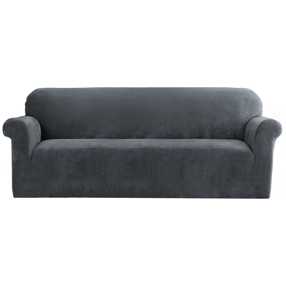 Artiss Velvet Sofa Cover Plush Couch Cover Lounge Slipcover 4 Seater Grey-Furniture > Sofas - Peroz Australia - Image - 2