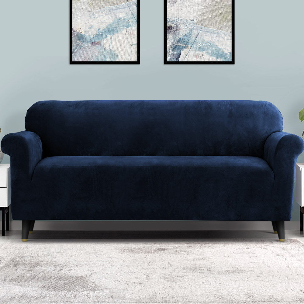 Artiss Velvet Sofa Cover Plush Couch Cover Lounge Slipcover 4 Seater Sapphire-Furniture > Sofas - Peroz Australia - Image - 1