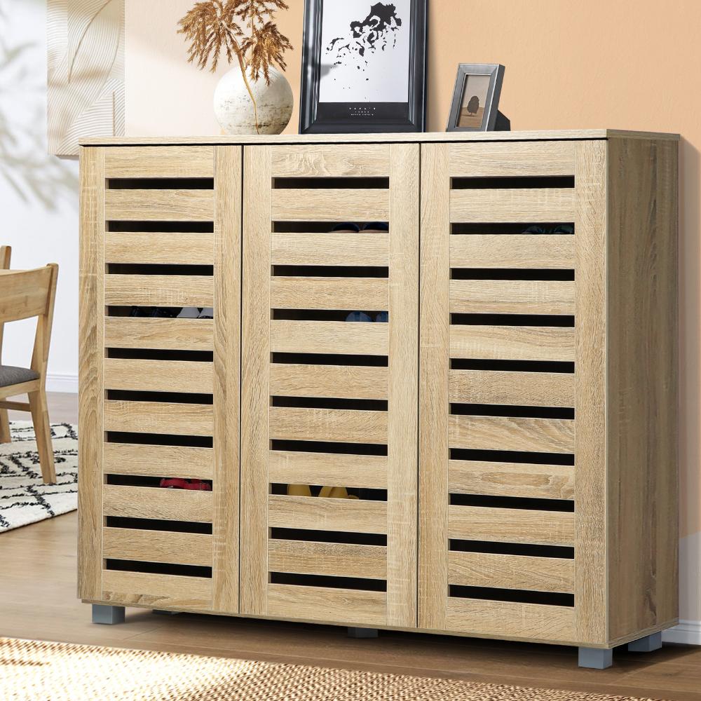 Oikiture Shoes Cabinet Shoe Storage Rack Organiser Shelf 3 Doors 30 Pairs Wooden-Shoe Storage Cabinet-PEROZ Accessories