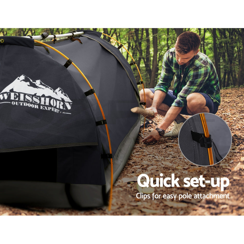 Weisshorn Double Swag Camping Swags Canvas Free Standing Dome Tent Dark Grey with 7CM Mattress-Camping Swags-PEROZ Accessories