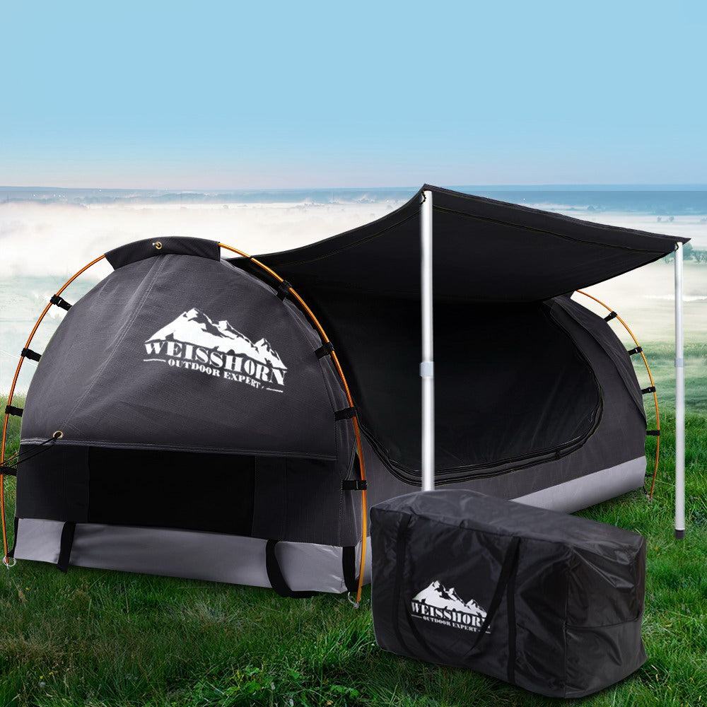 Weisshorn Double Swag Camping Swags Canvas Free Standing Dome Tent Dark Grey with 7CM Mattress-Camping Swags-PEROZ Accessories