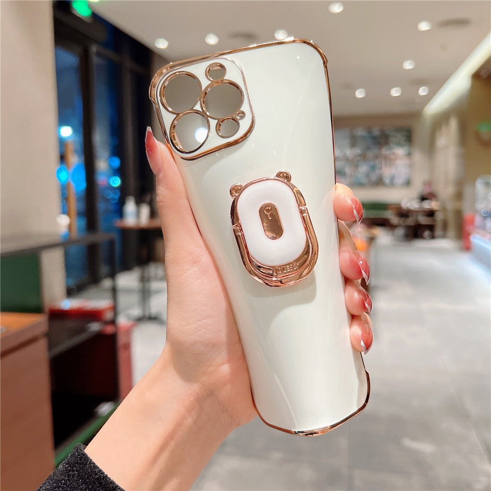 Anymob iPhone Case Black Plating Soft Silicone Bear Holder Side Heart Pattern Cover-Mobile Phone Cases-PEROZ Accessories