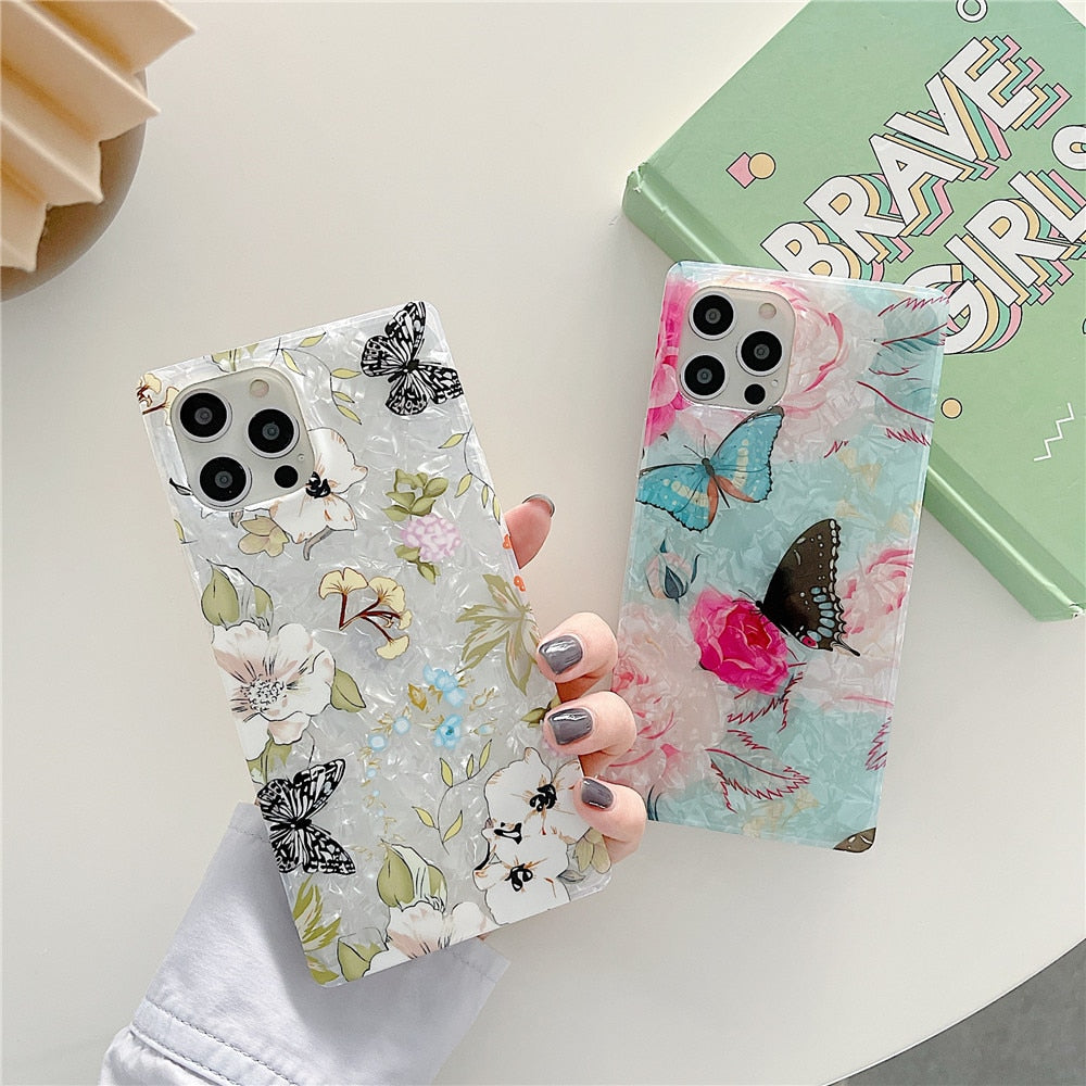 Anymob iPhone Case Sky Blue Glitter Flowers Dream Shell Pattern Soft Silicon Cover-Mobile Phone Cases-PEROZ Accessories
