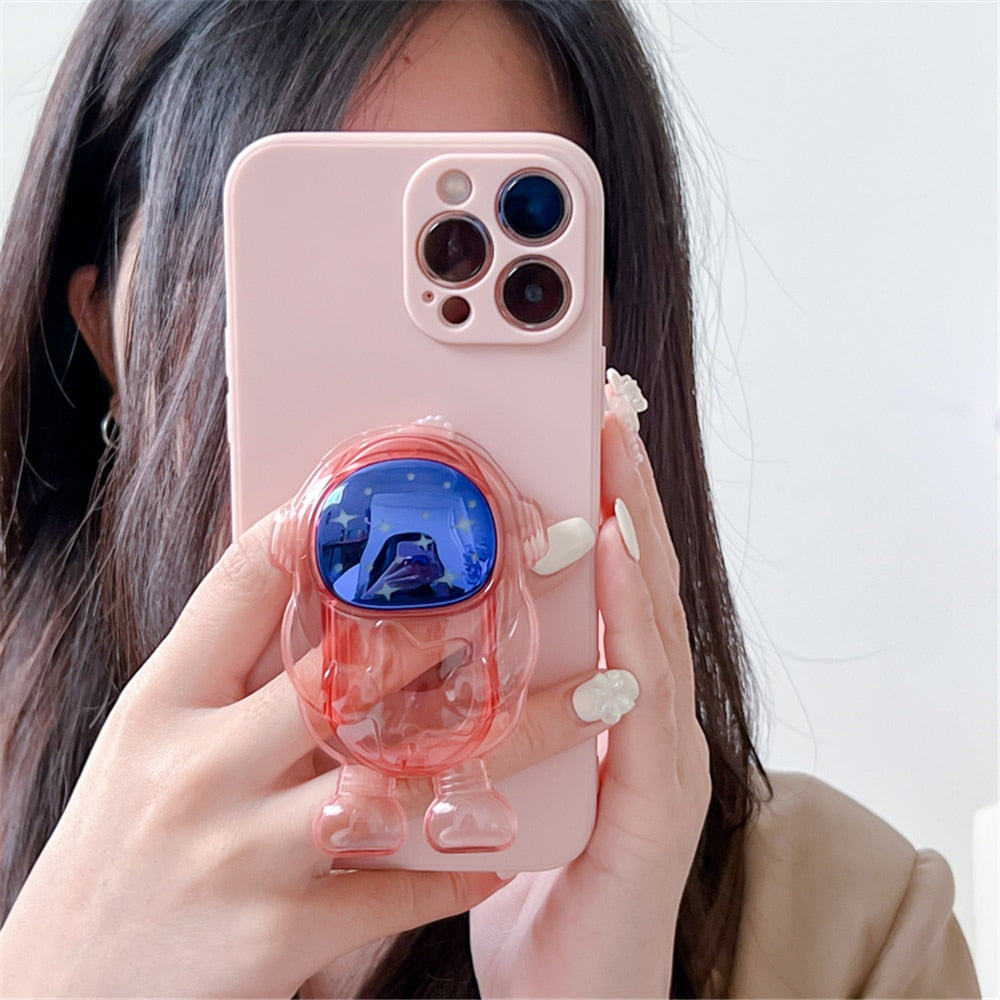 Anymob iPhone Case Pink Cartoon Astronaut Transparent Soft Silicone Kickstand Cover-Mobile Phone Cases-PEROZ Accessories