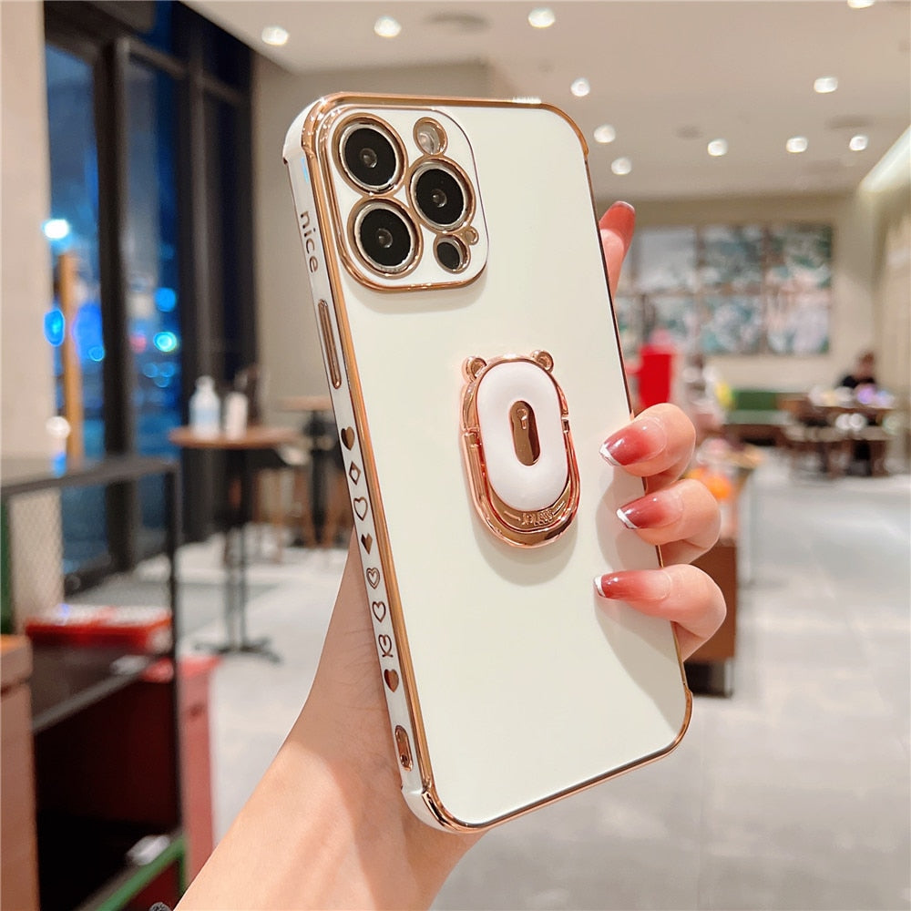 Anymob iPhone Case Black Plating Soft Silicone Bear Holder Side Heart Pattern Cover-Mobile Phone Cases-PEROZ Accessories