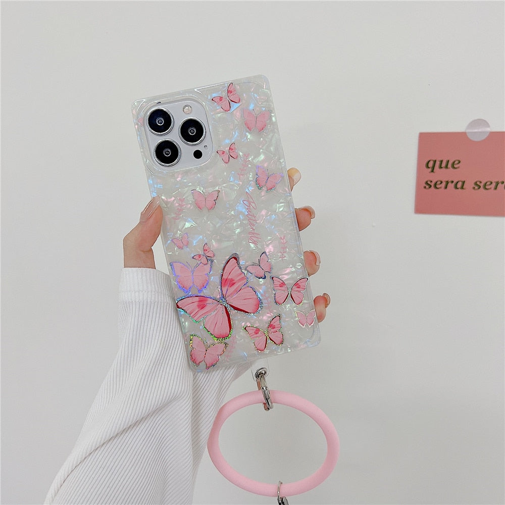 Anymob iPhone Case Red Butterfly Shell Texture Wristband Soft Square Phone Cover-Mobile Phone Cases-PEROZ Accessories