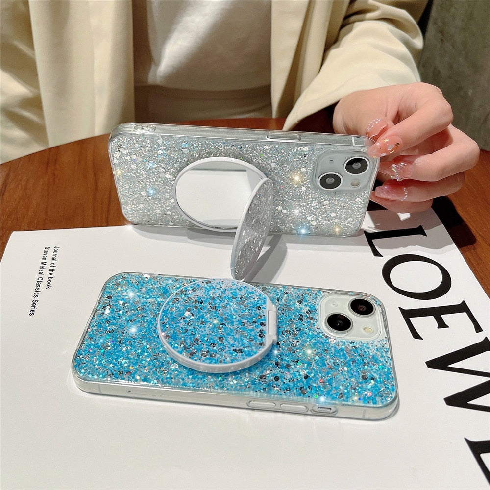 Anymob iPhone Case Pink Mirror Holder Gradient Glitter Soft Silicon Phone Back Cover-Mobile Phone Cases-PEROZ Accessories