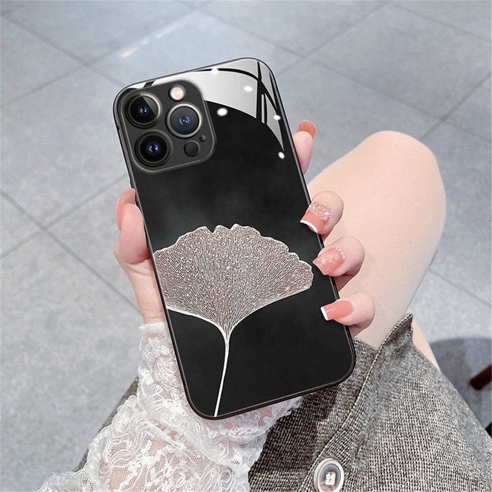 Anymob iPhone Case Black Vintage Leaves Tempered Glass Silicon Back Cover-Mobile Phone Cases-PEROZ Accessories