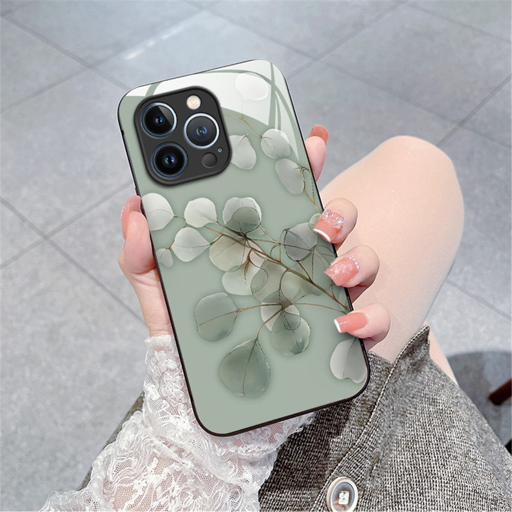Anymob iPhone Green Tempered Glass Simple Leaf Phone Case Shockproof Soft Side Cover-Mobile Phone Cases-PEROZ Accessories