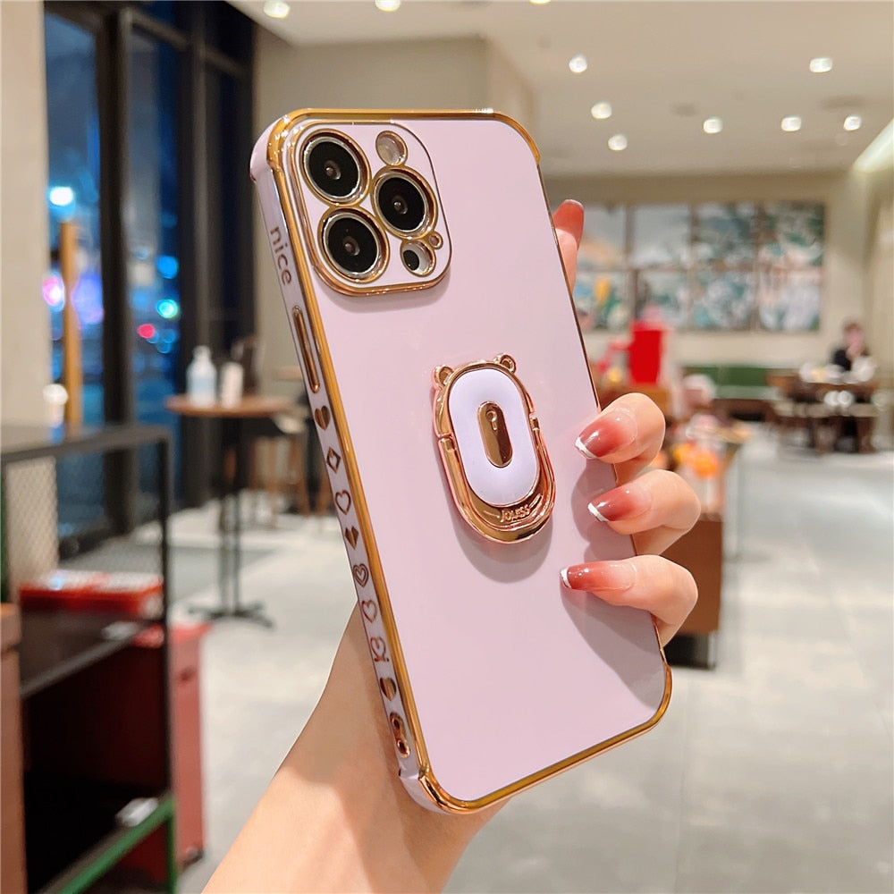Anymob iPhone Case Black Plating Soft Silicone Bear Holder Side Heart Pattern Cover-Mobile Phone Cases-PEROZ Accessories