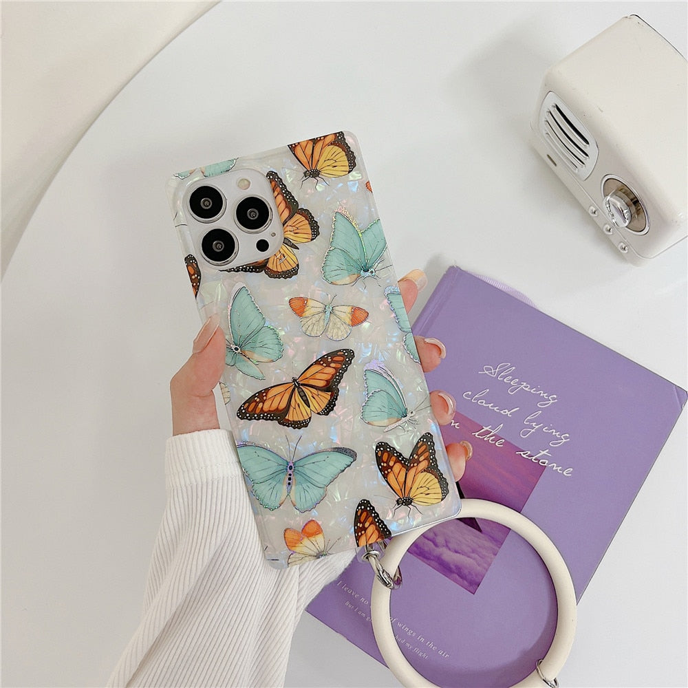 Anymob iPhone Case Red Butterfly Shell Texture Wristband Soft Square Phone Cover-Mobile Phone Cases-PEROZ Accessories